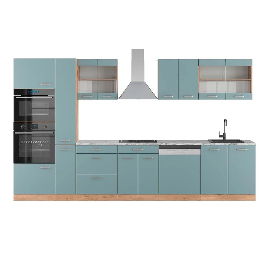 Vicco R-Line Küchenzeile Blau-Grau und Goldkraft Eiche mit Hochschrank und Marmor-Arbeitsplatte, Breite: 350 cm - Bild 2