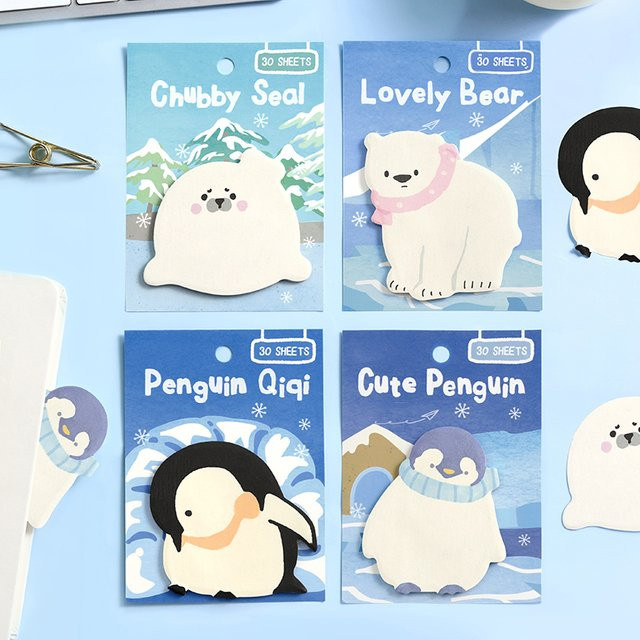 Selbstklebende Haftnotizen mit Cartoon-Tiermotiven Pinguin und Bär, 30 Blatt Seitenmarkierungen und Flaggen für Büro und Zuhause - Bild 1