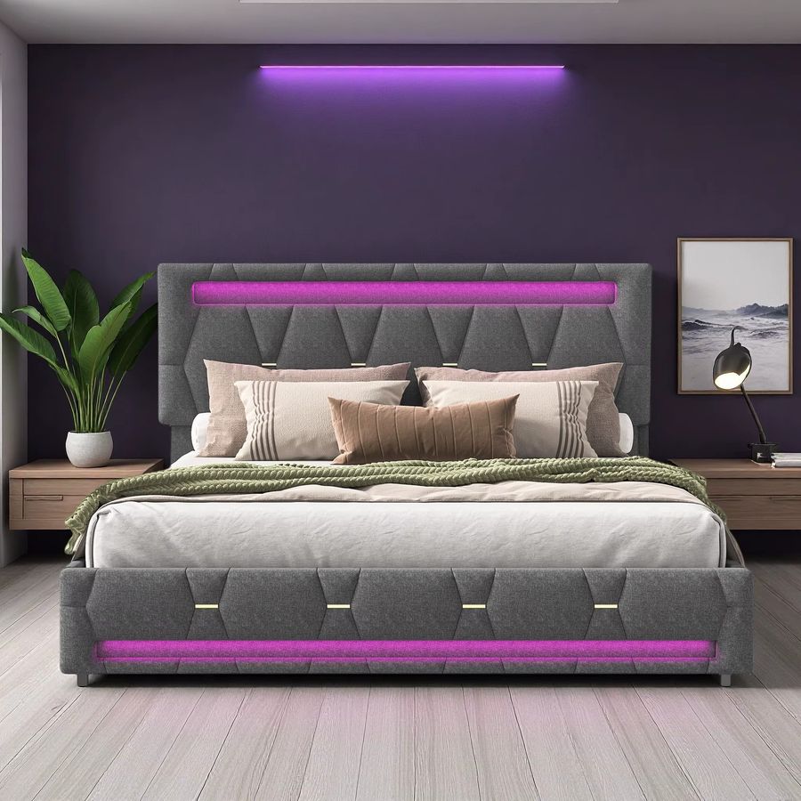 WOODENAURA Bett mit Stauraum, LED-Beleuchtung und Schubladen in Leinengrau, B/T/H: 140 x 200 cm - Bild 2