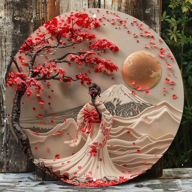 Künstlerische Wanddekoration aus Holz mit japanischer Frau im Kimono unter Kirschblütenbaum, braun und mehrfarbig - Bild 1