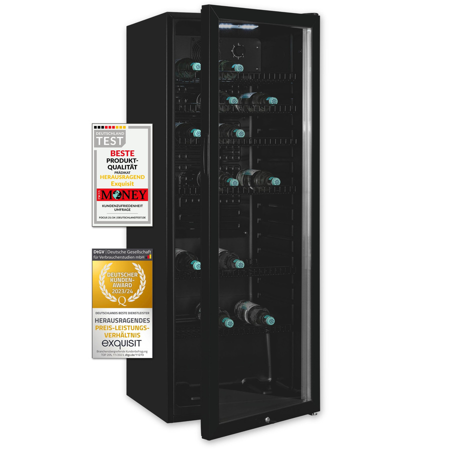 Exquisit Glastürkühlschrank GKS240-GT-160C Schwarz mit 237 l Volumen, Umluftkühlung, 6 Ablagen und Türschloss - Bild 2