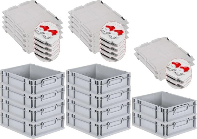 PROREGAL SuperSparSet 10x Eurobox NextGen Grip mit Scharnierdeckel und roten Schiebeschnappverschlüssen, Grau, H x B x T: 12 x 30 x 40 cm - Bild 1