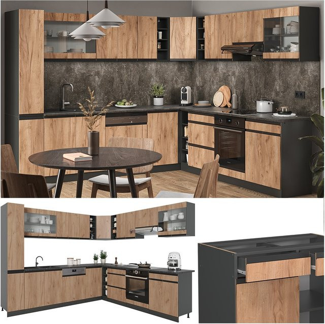 Vicco R-Line Eckküche J-Shape Einbauküche in Anthrazit und Eiche, B/T/H: 277 x 257 x 251,34 cm - Bild 1