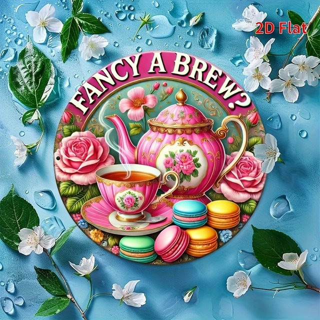Potdemiel Metallwandkunst Vintage Pink Rose Tea Party Rundes Eisenschild mit Fancy a Brew Design, Durchmesser: 20 cm - Bild 1