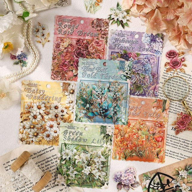 20 Stück Vintage PET Blumen-Sticker für Scrapbooking und Junk Journal in Multicolour - Bild 1