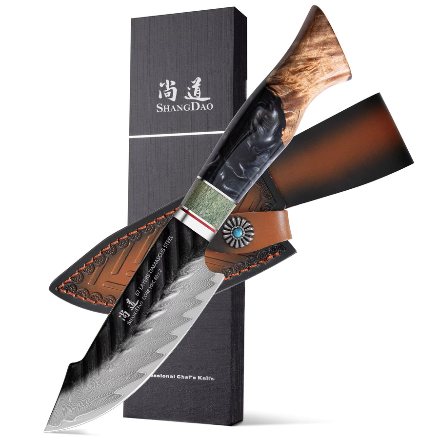 SHANGDAO Damast-Allzweckmesser mit handgeschmiedeter Klinge, Holzgriff und Lederscheide, Multicolour, Länge: 11,9 cm - Bild 7