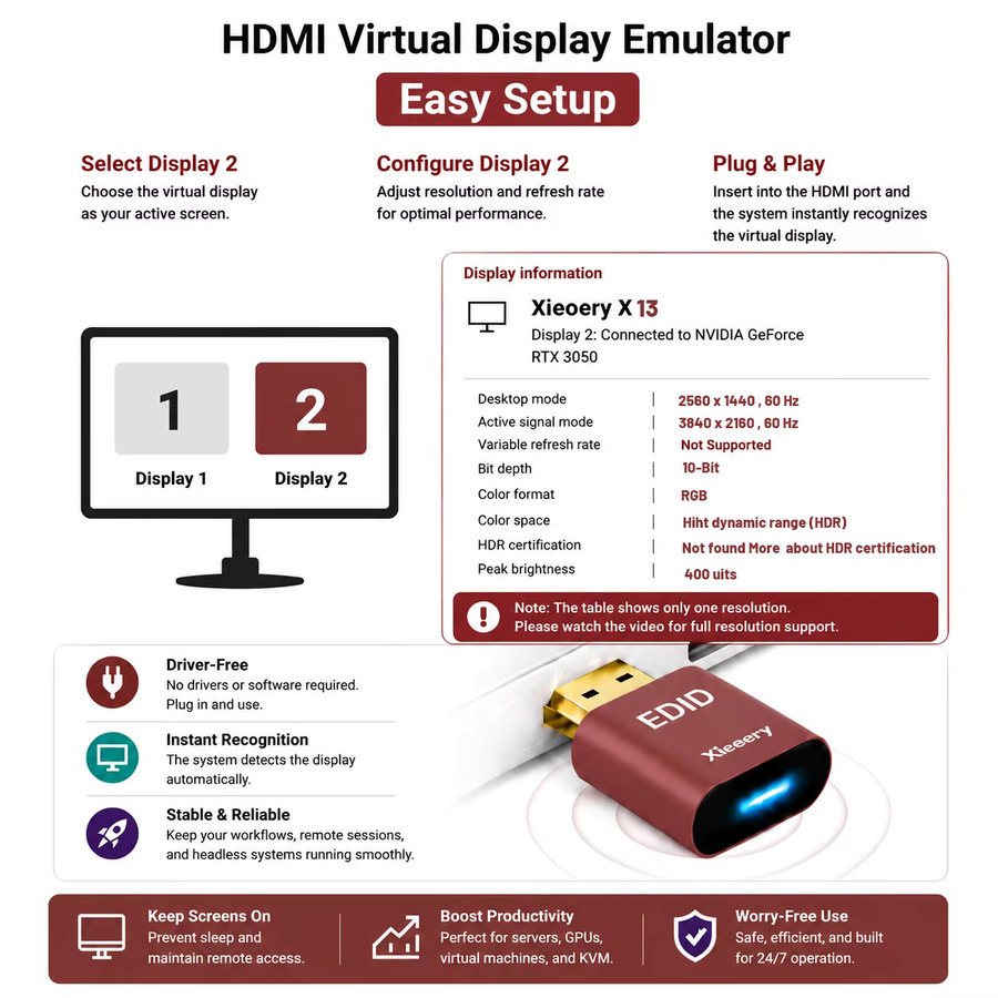 Xieoery 2K Headless HDMI-Dummy-Stecker mit HDR und 2560x1440 EDID-Emulator, virtueller Display-Adapter für 60–144 Hz bei Headless-PCs und Remote Desktop - Bild 2