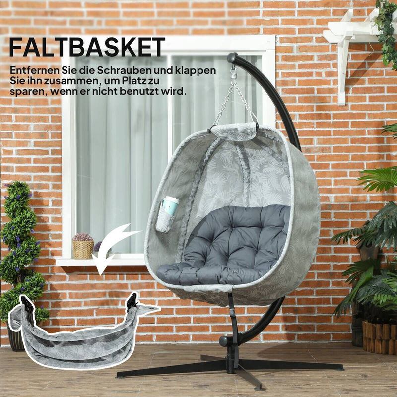 Outsunny Eiförmiger Hängesessel mit Gestell und Sitzpolstern in Grau, Faltbare Hängeschaukel für Garten und Terrasse, B/H/L: 90 x 180 x 126 cm - Bild 5