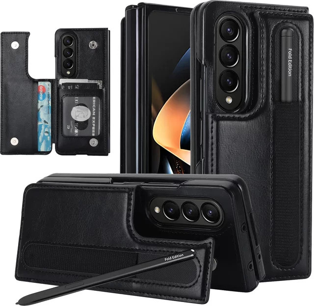 PU-Leder Geldbörsen-Handyhülle für Samsung Galaxy Z Fold 7 6 5 4 3 mit Kartenhalter und Stiftschlitz, stoßfeste Standabdeckung in Schwarz oder Braun - Bild 1