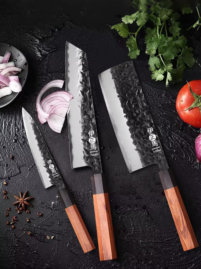 YIZEMA Japanisches Küchenmesser Set aus Verbundstahl in Silber mit Nakiri, Kiritsuke und Bunka Messern - Bild 5