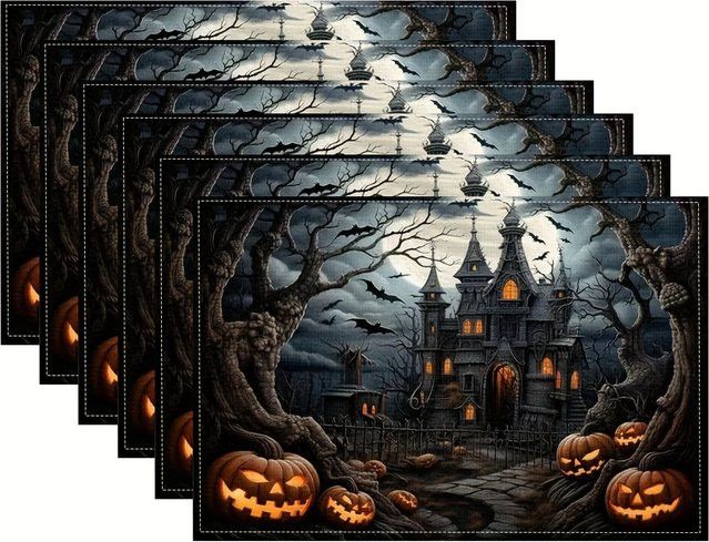 VIKAMA Halloween Tischsets aus Leinen mit Grusel-Schloss und Kürbis-Design für deine Heimdekoration - Bild 1