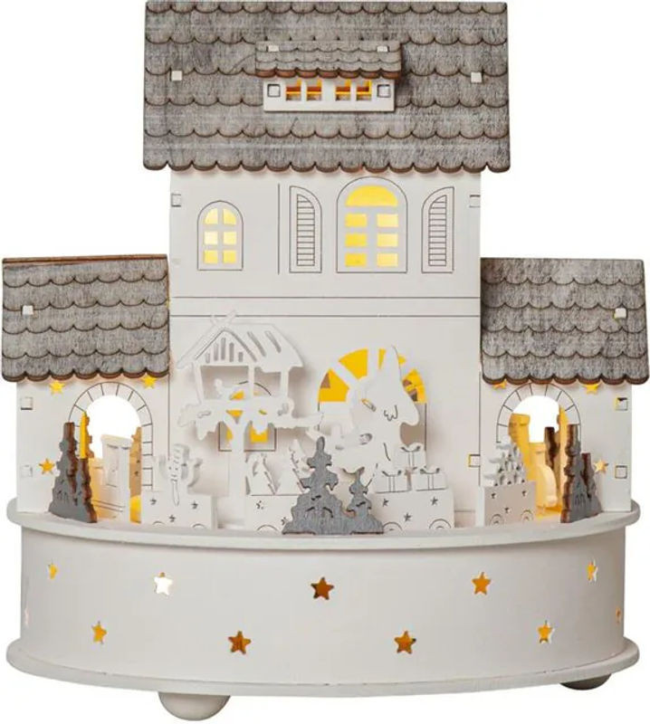 Star Trading LED Weihnachtsdorf aus Holz mit Zug, Spieluhr und Timer in Grau und Weiß - Bild 1