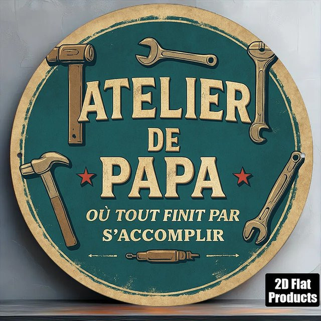 Rundes Aluminiumschild Atelier de Papa in Vintage-Optik, Durchmesser: 20,32 cm, Mehrfarbig - Bild 1