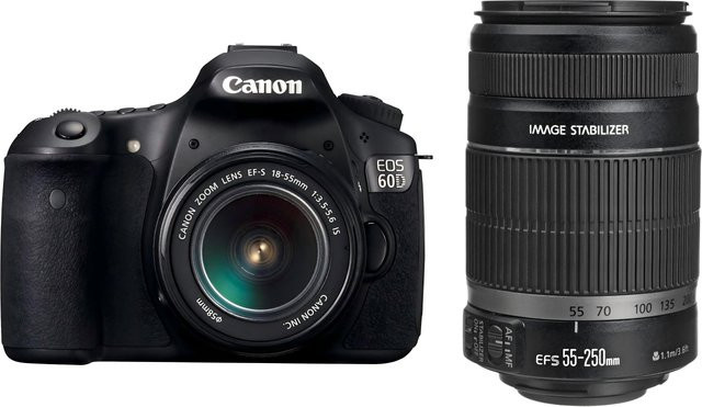Canon EOS 60D Digitale Spiegelreflexkamera mit EF-S 18-55mm f/3.5-5.6 IS und EF-S 55-250mm f/4-5.6 IS II Zoomobjektiv in Schwarz - Bild 1