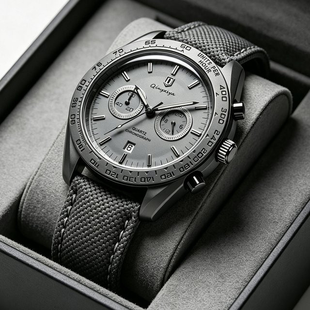 QINGXIYA Chronograph Herrenuhr, Quarz, Edelstahl, grau, Textil/NATO - Bild 1