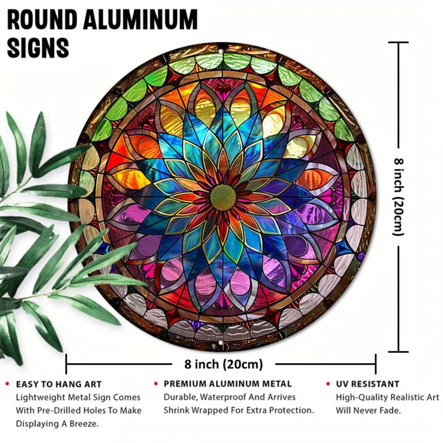 HELLOYOUNG Rundes Mandala-Kunstschild aus Aluminium in Multicolour, Art Nouveau Wanddekoration mit geometrischem Blumenmuster, Durchmesser: 20,3 cm - Bild 2