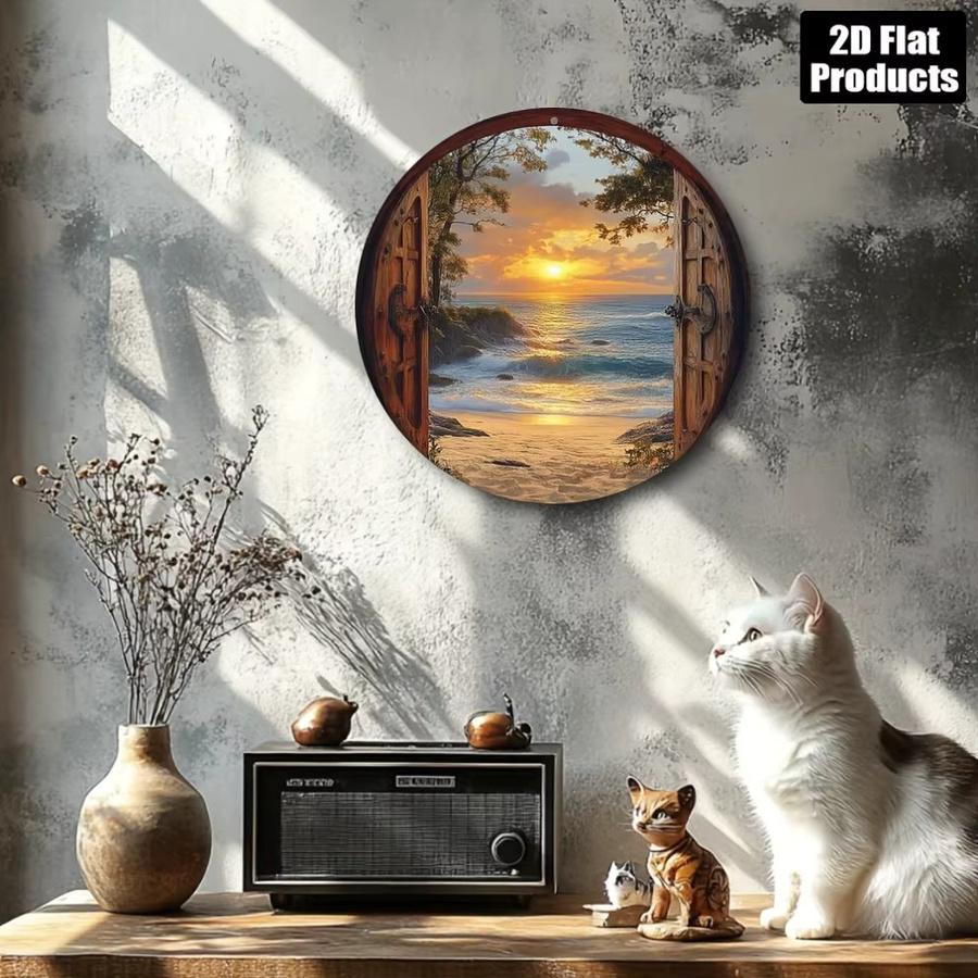 CIFBUY Runde Metall-Wandkunst Strand-Sonnenuntergang in Mehrfarben, Durchmesser: 20,32 cm - Bild 3