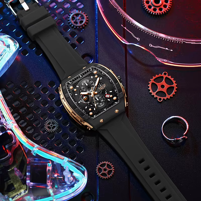 LIGE Chronograph Herrenuhr, Quarz, Silikonarmband, Blau, Eckig - Bild 3