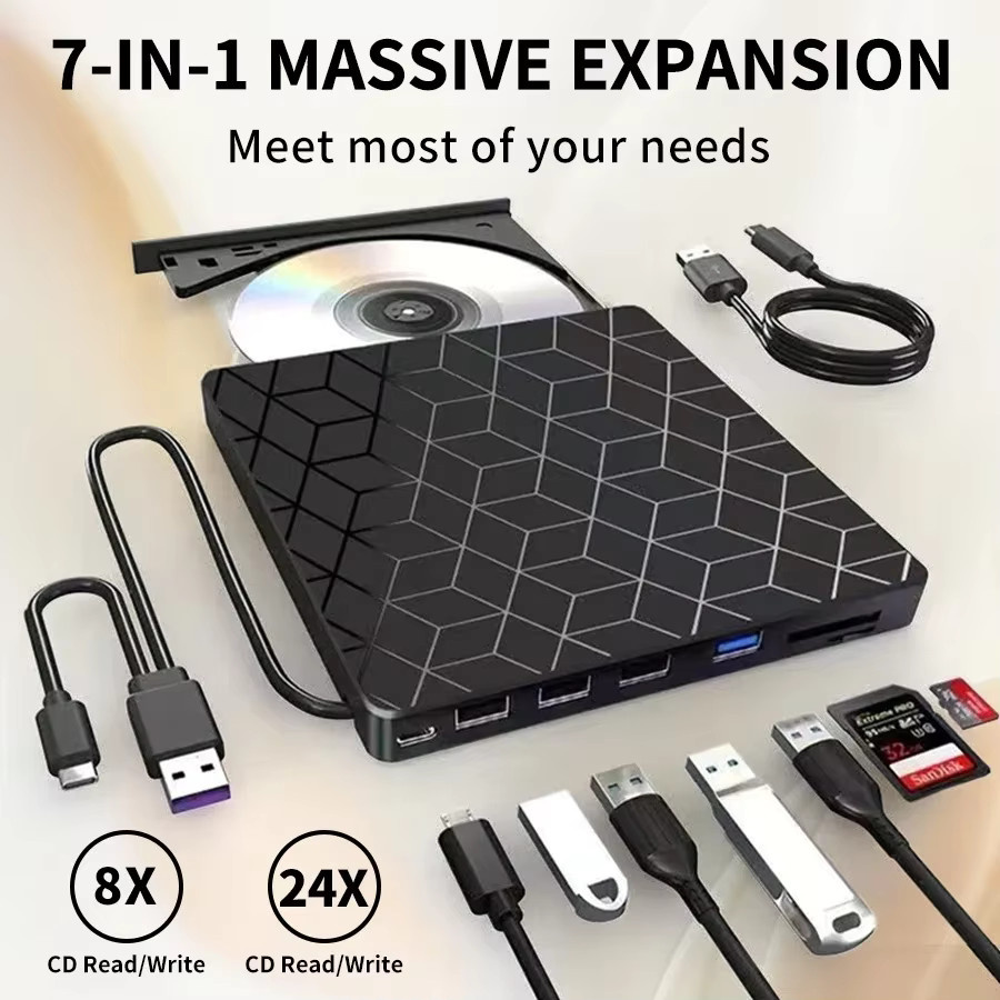 GGBEE 7-in-1 Externer DVD- und CD-Recorder mit USB 3.0 und Typ-C, Tragbares Optisches Laufwerk für Laptop und Desktop, Schwarz - Bild 1