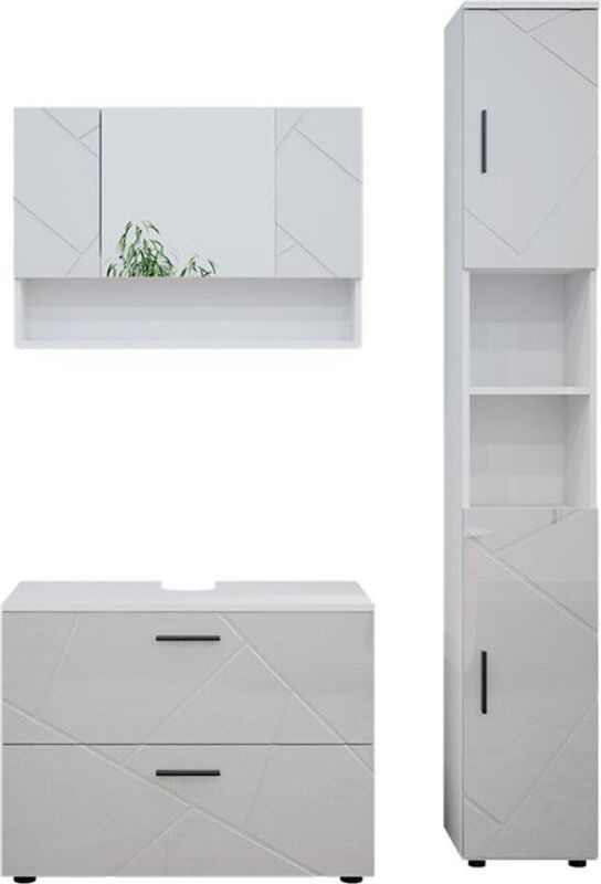 Vicco Badmöbelset Irma in Weiß Hochglanz, modernes 3-teiliges Badezimmer-Set mit Spiegelschrank und Waschtischunterschrank, Breite: 80 cm - Bild 2