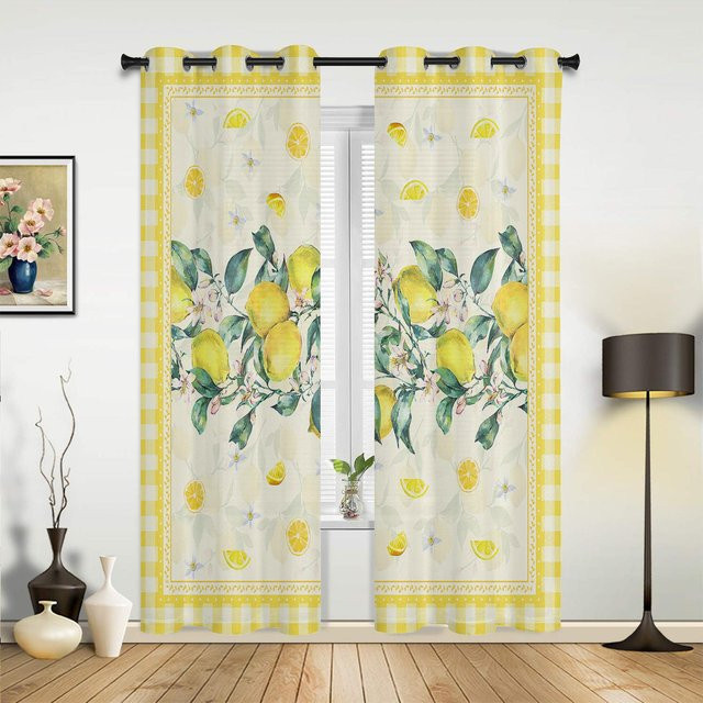 Moderne Vorhänge mit Aquarell-Zitronen-Motiv in Weiß und Gelb von Household supplies MH, halbtransparent, 2er-Set, Breite: 135 cm, Höhe: 160 cm - Bild 1