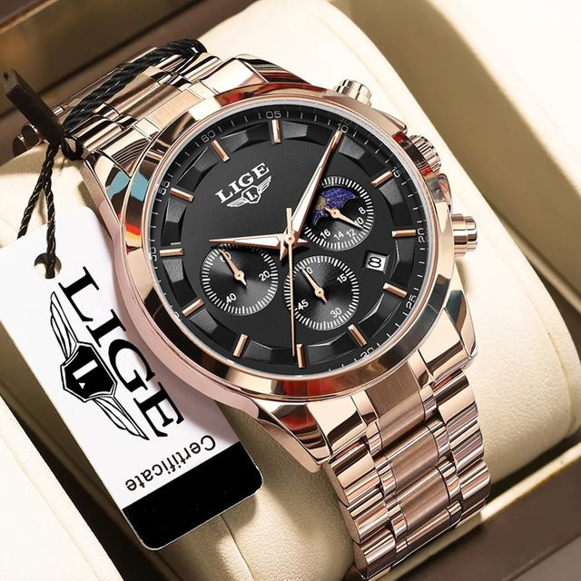 LIGE Armbanduhr Chronograph, Quarz, Edelstahl, Schwarz, Herren - Bild 1