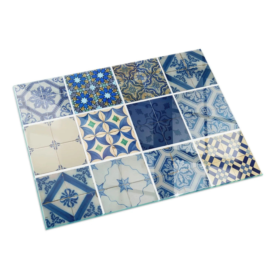 Tulup Glasplatte für Kamin mit Keramikfliesenmuster in Blau, B/T: 60 x 40 cm - Bild 2