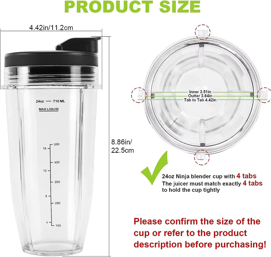 Ninja Mixer-Ersatzbecher 24 oz mit Sip- und Dichtungsdeckeln für Nutri Ninja Pro Extractor Mixer, transparent, B/T/H: 22,5 x 11,2 cm - Bild 2