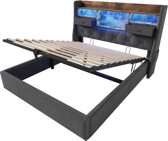 okwish Polsterbett für Kinderzimmer in Grau mit Matratze, USB-Ladestationen, Nachttischregal und Unterbettbeleuchtung, B/T/H: 140 x 200 x 152,5 cm - Bild 1