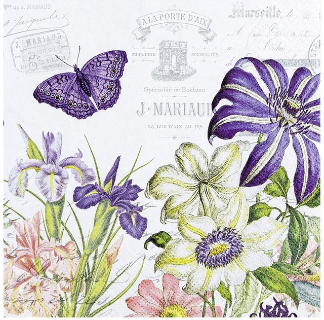 Serviette Beau Jardin von HOME FASHION in Violett mit Frühlingsblumen und Schmetterling aus Papier - Bild 1