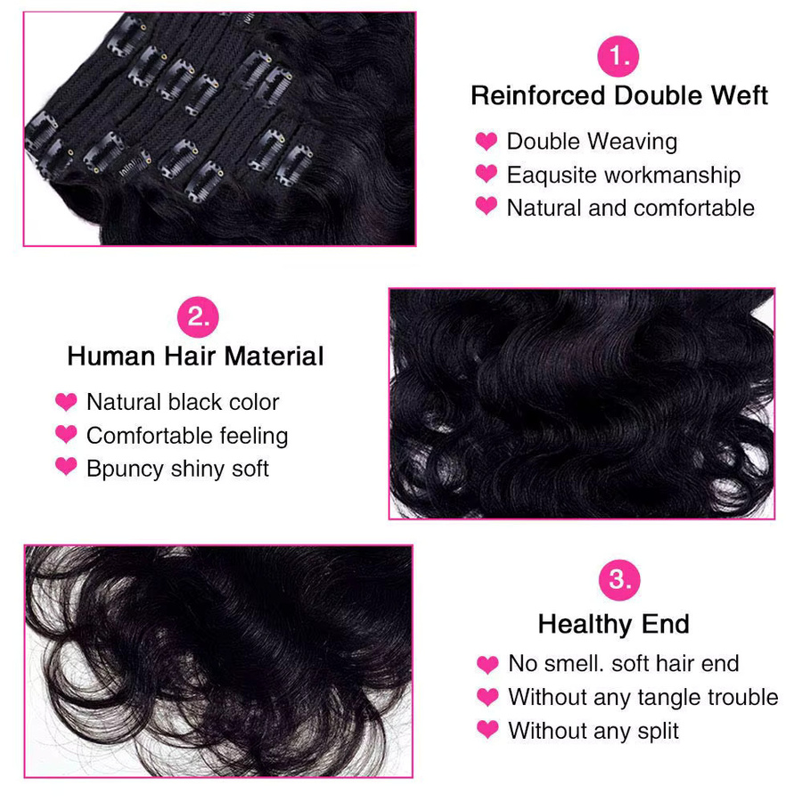 xbeauty Body Wave Clip-in-Haarverlängerungen, 100% Echthaar, 120 g, 8 Stück, 1B - Bild 3
