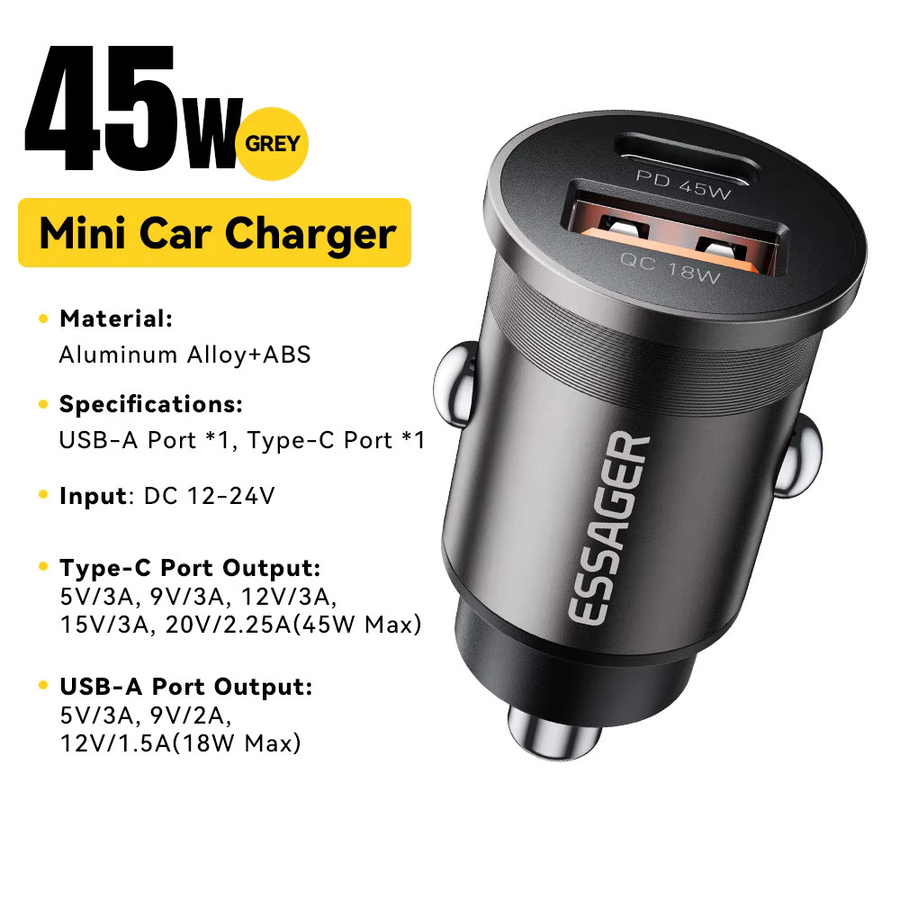 Essager 45W Mini USB Autoladegerät mit QC 3.0 und PD 3.0 in Schwarz für iPhone, Huawei, Samsung, Xiaomi und iPad mit USB-C Anschluss - Bild 7