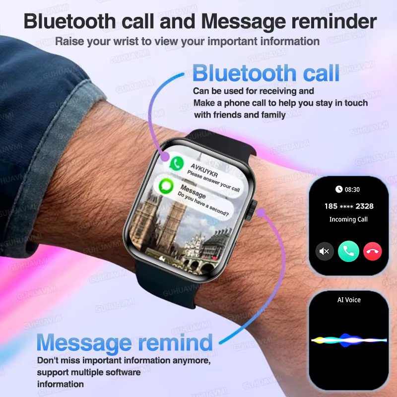 GUHUAVMI Smartwatch mit AMOLED Display, Bluetooth Anruf, GPS, Herzfrequenzmessung und Wasserdichtigkeit, Silber/Schwarz, Unisex - Bild 2