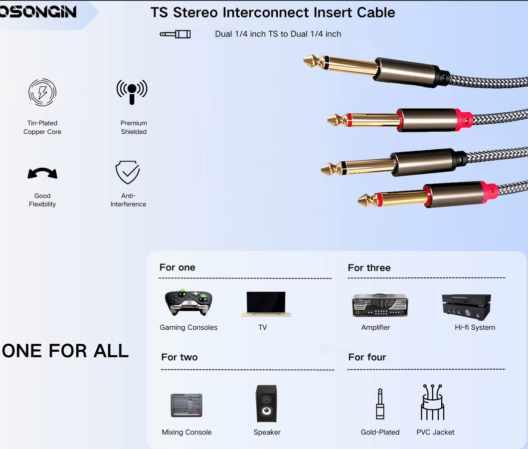 Dual 1/4 Zoll TS zu Dual 1/4 Zoll TS Stereokabel in Grau für AV-Receiver, Verstärker, Mischpulte und Hi-Fi-Stereoanlagen - Bild 4