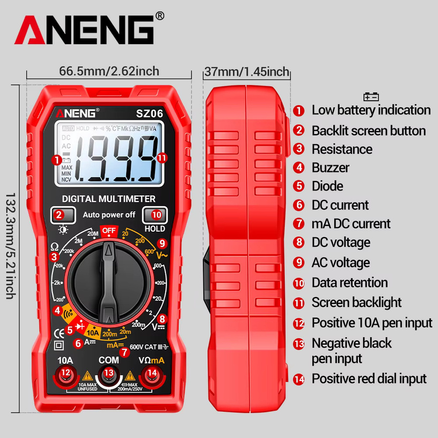 ANENG SZ06 Smart Digital Multimeter mit 2000 Zählungen für AC/DC Spannung, DC Strom und Ohm in Schwarz und Rot - Bild 5