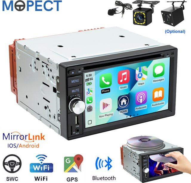 MOPECT Doppel-DIN DVD/CD Autoradio mit 6,2 Zoll Touchscreen, Android Auto, Bluetooth, USB, SD, FM/AM/RDS, Mikrofon und Kamera in Schwarz - Bild 1
