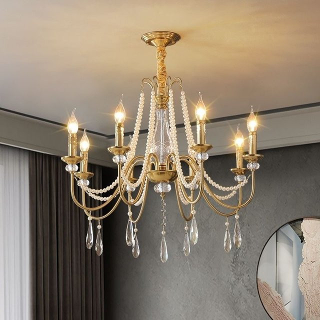 SaloEElaitte Kristall-Kronleuchter in Gold/Messing mit transparenten Perlen, E14 Pendelleuchte im klassischen Stil für Wohnraum und Flur - Bild 1