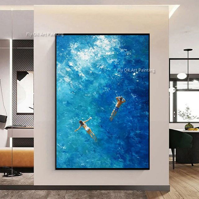 ViVi YOU ART Leinwandkunstwerk Dunkelblaues Ozean-Motiv mit schwimmenden Personen als modernes Ölgemälde für deine Wanddekoration - Bild 1