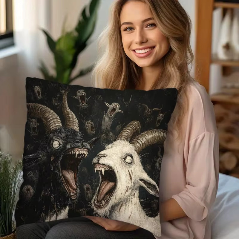 VIKAMA Kissenbezug im Gothic-Stil mit Ziegenmotiv in Schwarz, B/B/H: 30 x 30 x 30 cm - Bild 3