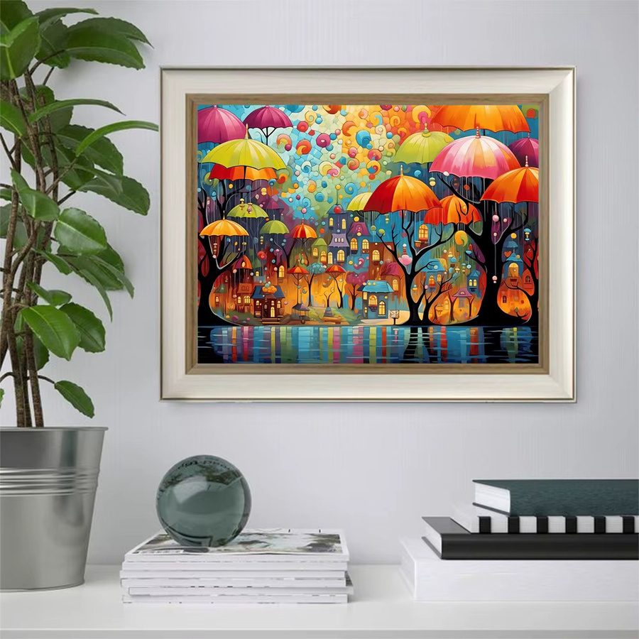 Malen nach Zahlen Set Fantasy-Landschaft mit Regenschirm und Baum in Multicolour als DIY Kunsthandwerk auf Leinwand - Bild 3