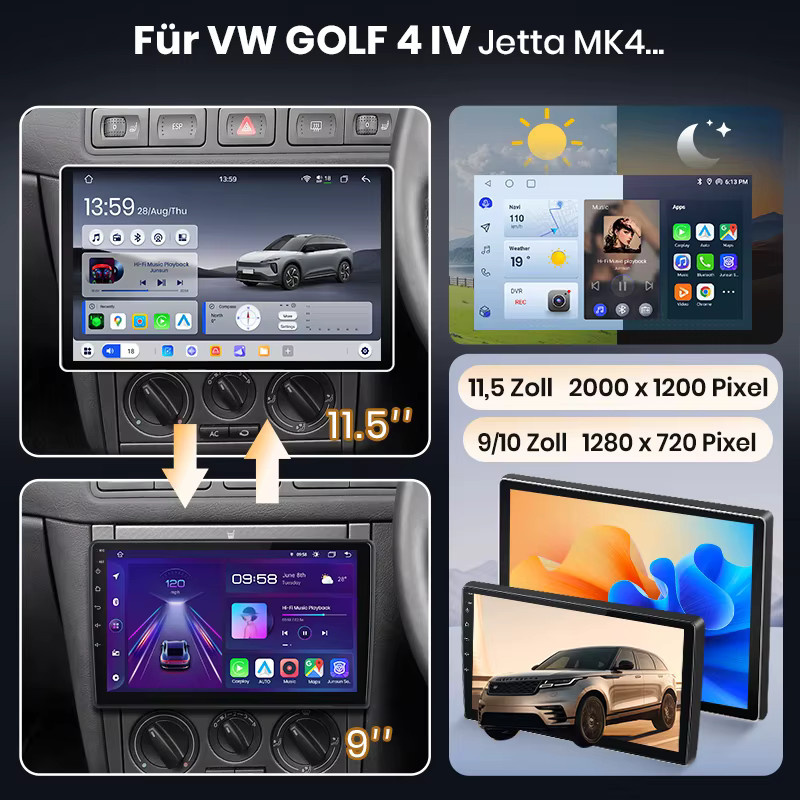 Junsun Android 15 Autoradio für VW Volkswagen Golf 4 Jetta MK4 1997-2003 mit 9 Zoll IPS-Bildschirm, kabelloses Apple CarPlay, Stereo-Multimedia-Videoplayer in Schwarz - Bild 2