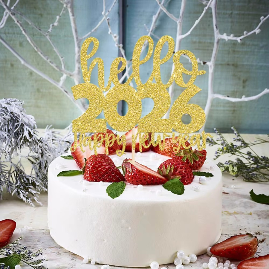 Hello 2026 Cake Topper Glitter Gold Silvester Dekoration für deine Feier - Bild 2