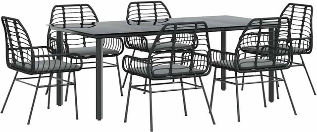 vidaXL 7-teilige Garten-Essgruppe aus Poly Rattan und Glas in Schwarz und Dunkelgrau mit wetterfesten Kissen - Bild 1