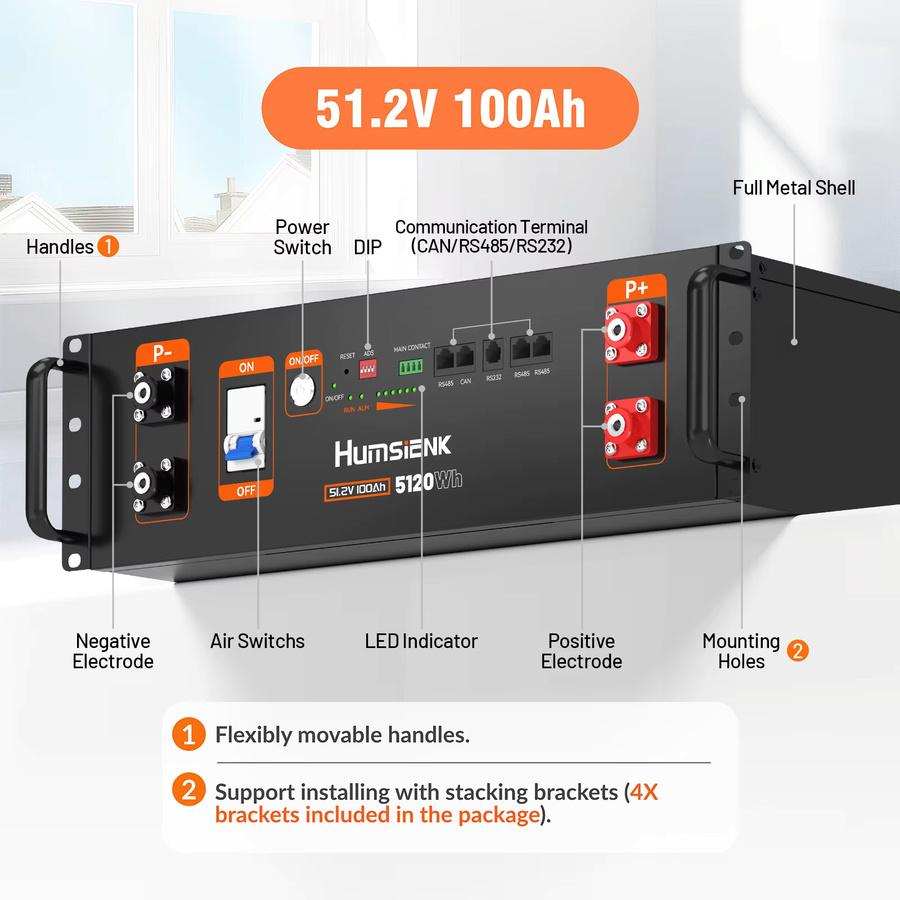 Humsienk 48V 100Ah LiFePO4 Lithium-Batterie mit Bluetooth und aktiver Balancierung in Schwarz für Solaranlagen und Backup-Systeme - Bild 4