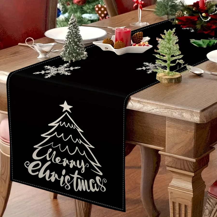 JIT Tischläufer Weihnachtsbaum und Schneeflocken Design, Leinen, Schwarz-Weiß, Rechteckig - Bild 4