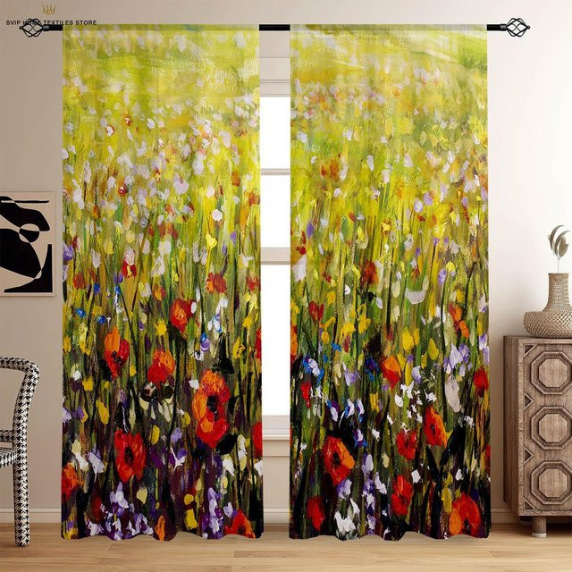 Yiran Furniture Dekorative Vorhänge Sonnenuntergang Sternenhimmel Landschaft Ölgemälde, 2er-Set, Multicolor, B: 50 cm, H: 130 cm - Bild 1