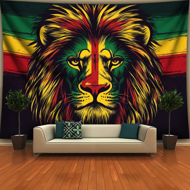 VIKAMA Jamaican Lion Wandbehang mit Tiermotiv in Multicolour, Textil-Wanddekoration für Schlafzimmer und Wohnzimmer, Breite: 60 cm, Höhe: 40 cm - Bild 1