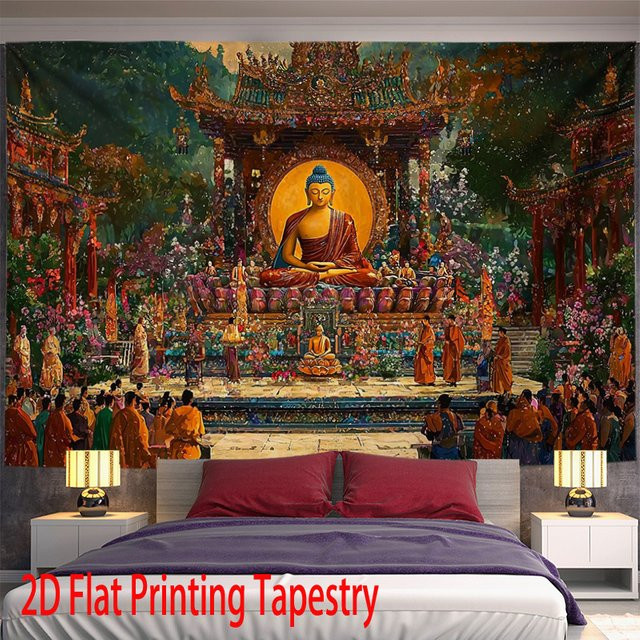 VIKAMA Zen-Wandteppich mit Buddha-Dharma-Lehre und chinesischem Tempel, mehrfarbiges Wandbild für dein Wohnzimmer - Bild 1