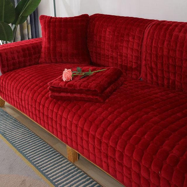 Yiran Furniture Samt-Couchbezug aus Flanell-Plüsch, rutschfest und einfarbig, Rot, Breite: 120 cm, Tiefe: 90 cm - Bild 1