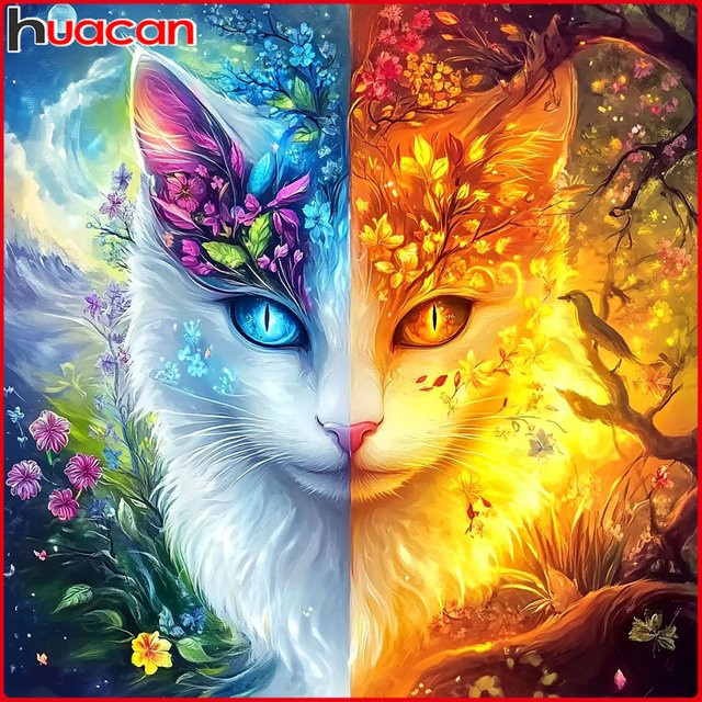 Huacan Diamantmalerei Eis und Feuer Katze Blume, Diamantstickerei Komplettset - Bild 1